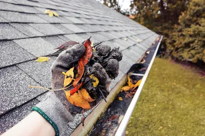 gloved hand clearing leaves and debris from gutter