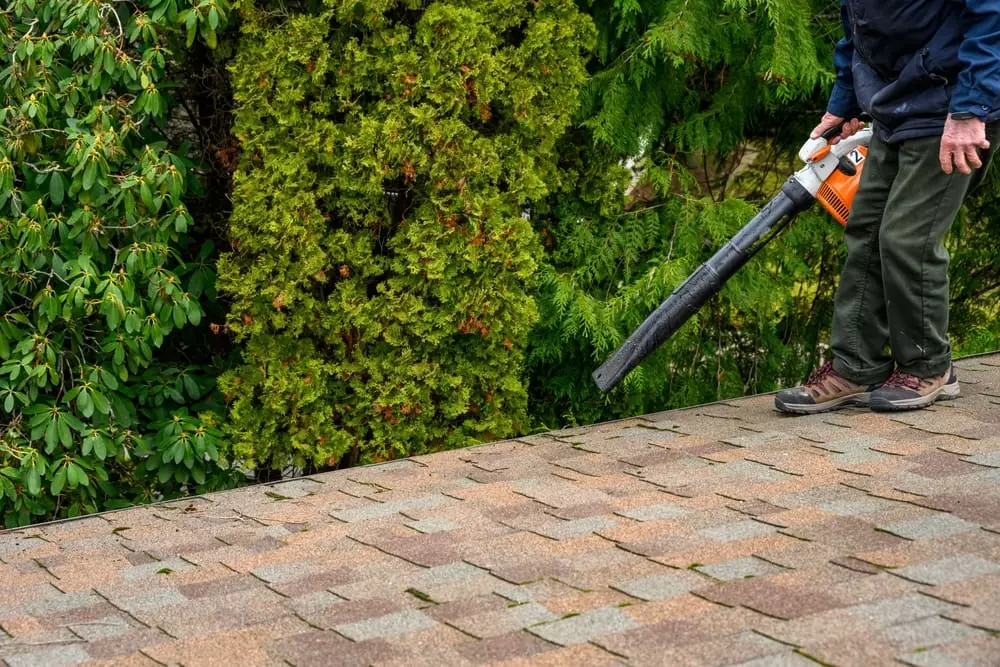 man using blower to blow leaves from gutter