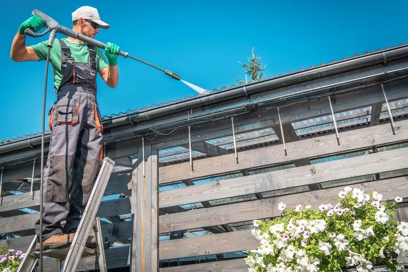 man on ladder pressure washing gutters near spring flowers