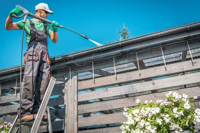 man on ladder pressure washing gutters near spring flowers